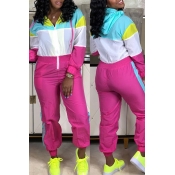 Lovely Casual Patchwork Rose Red One-piece Jumpsui