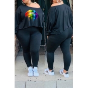 Lovely Casual Lip Printed Black Plus Size Two-piec