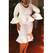 Lovely Casual Flounce Design White Knee Length Plu