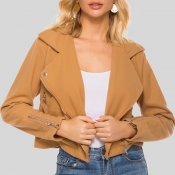 Lovely Casual Zipper Design Khaki Short Coat