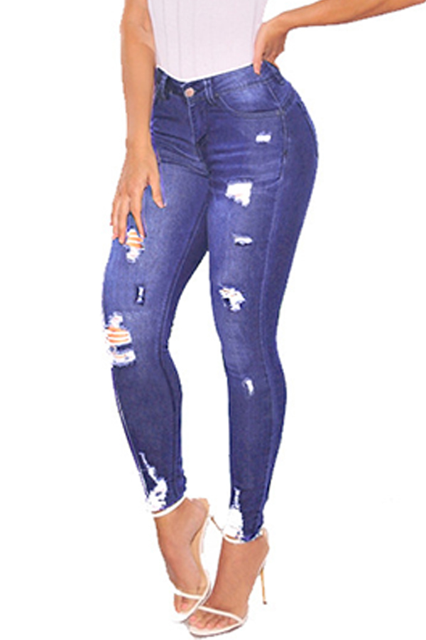 

Lovely Casual Broken Holes Skinny Baby Blue Jeans