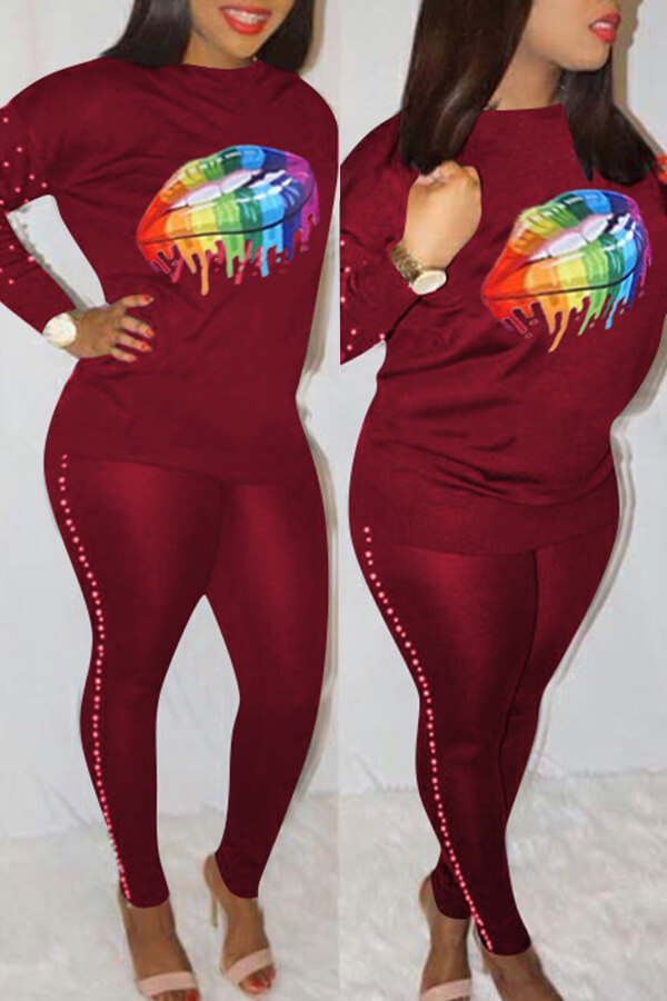 

Lovely Casual Lip Printed Wine Red Two-piece Pants Set