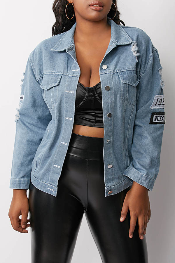 

Lovely Retro Turndown Collar Broken Holes Blue Jacket