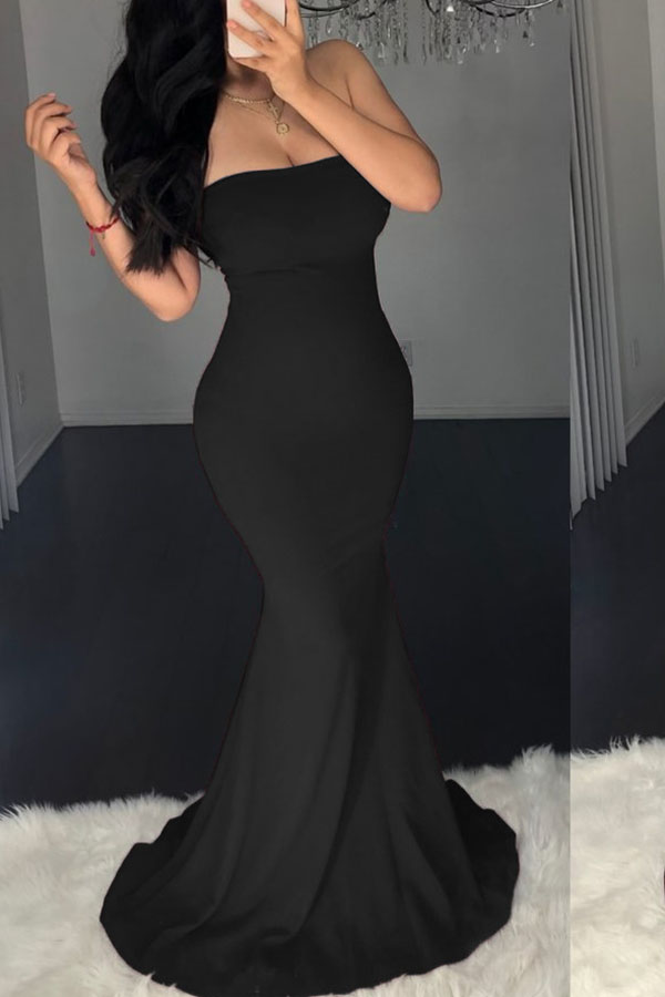 

Lovely Temperament Bandage Design Black Trailing Dress