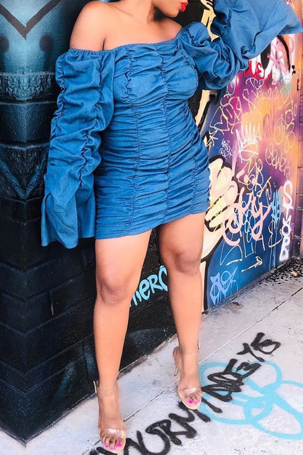 Lovely Chic Ruffle Design Dark Blue Mini Dress
