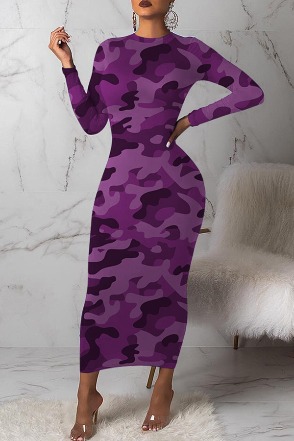 Cheap Dress Lovely Casual Camouflage Printed Purple Mid Calf Dress