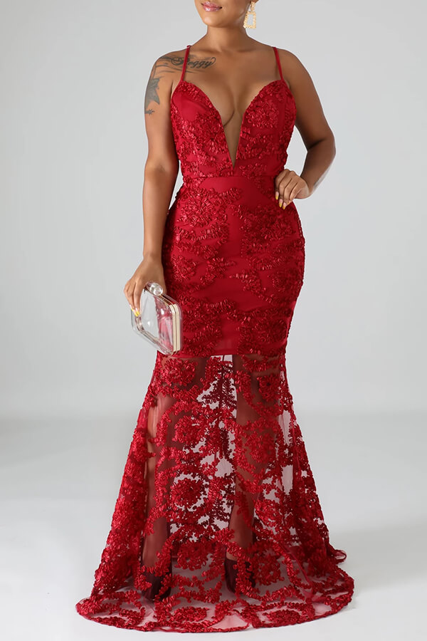 

Lovely Party Lace Patchwork Wine Red Floor Length Trumpet Mermaid Dress