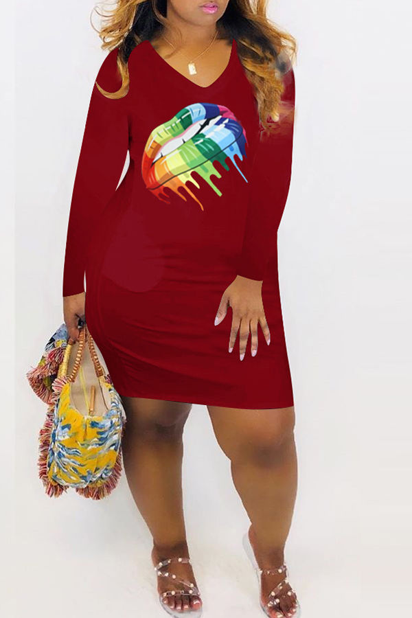 

Lovely Casual Lip Printed Wine Red Mini Dress