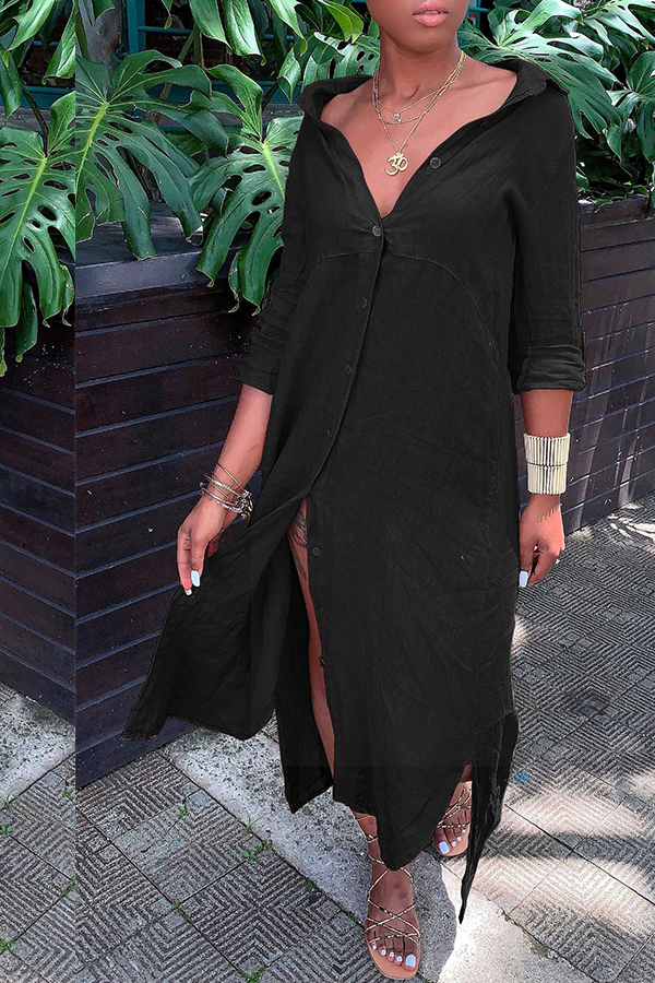 

Lovely Casual Buttons Design Black Mid Calf Dress