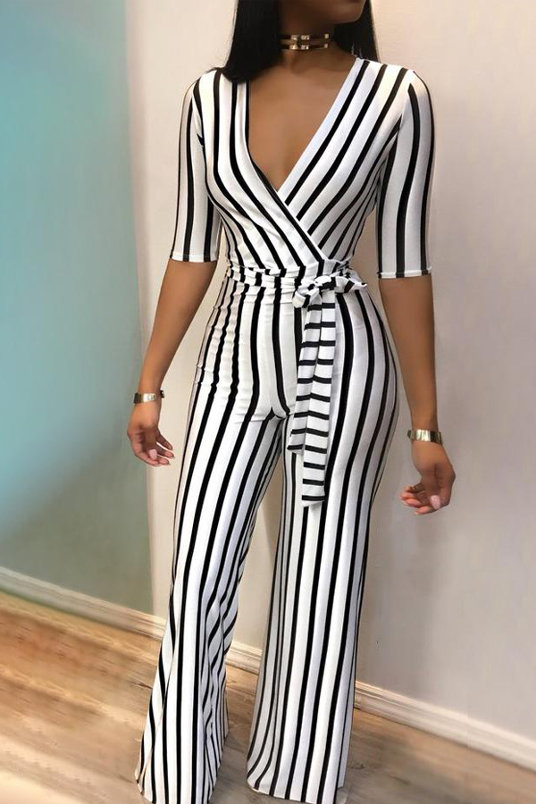 

Lovely Trendy Deep V Neck Striped Black One-piece Jumpsuit, Black stripe