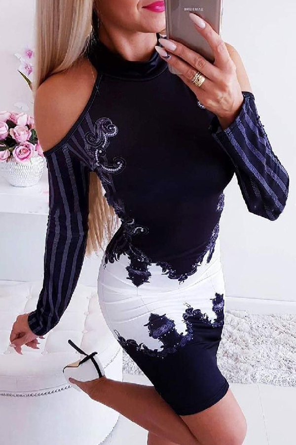 

Lovely Casual Cold Shoulder Dark Blue Mini Dress