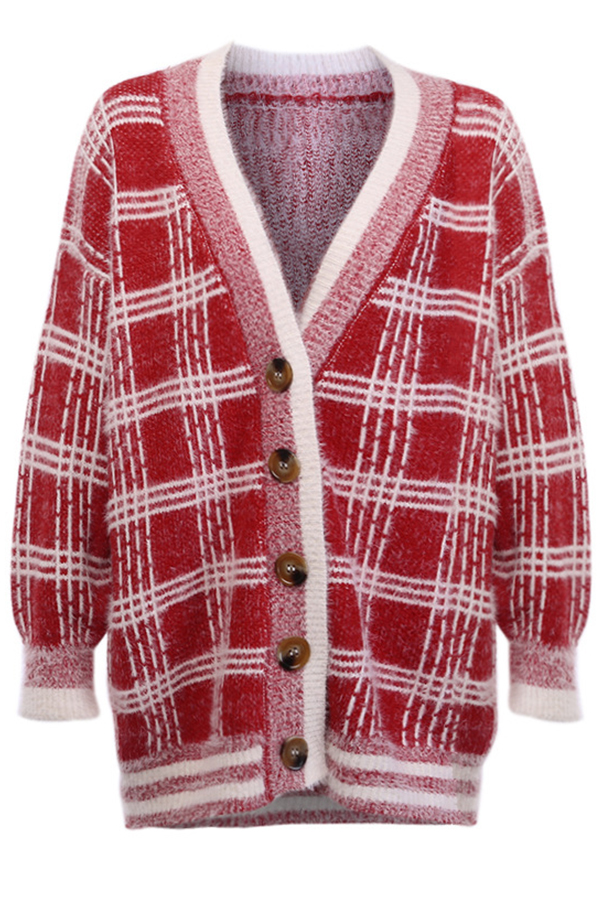 Cheap Cardigans Lovely Trendy Plaid Printed Red Cardigan