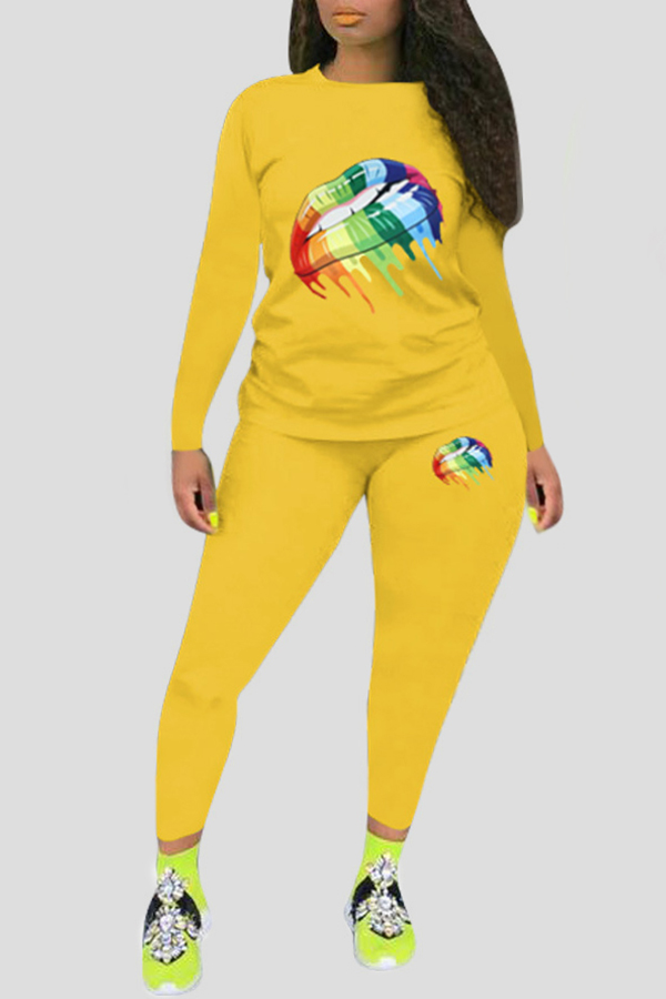 

Lovely Leisure Lip Printed Yellow Plus Size Two-piece Pants Set