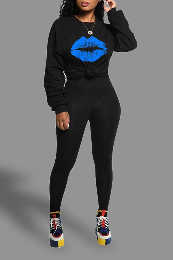 

Lovely Casual Lip Printed Black Two-piece Pants Set