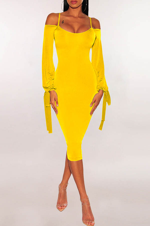 

Lovely Casual Dew Shoulder Skinny Yellow Knee Length Dress