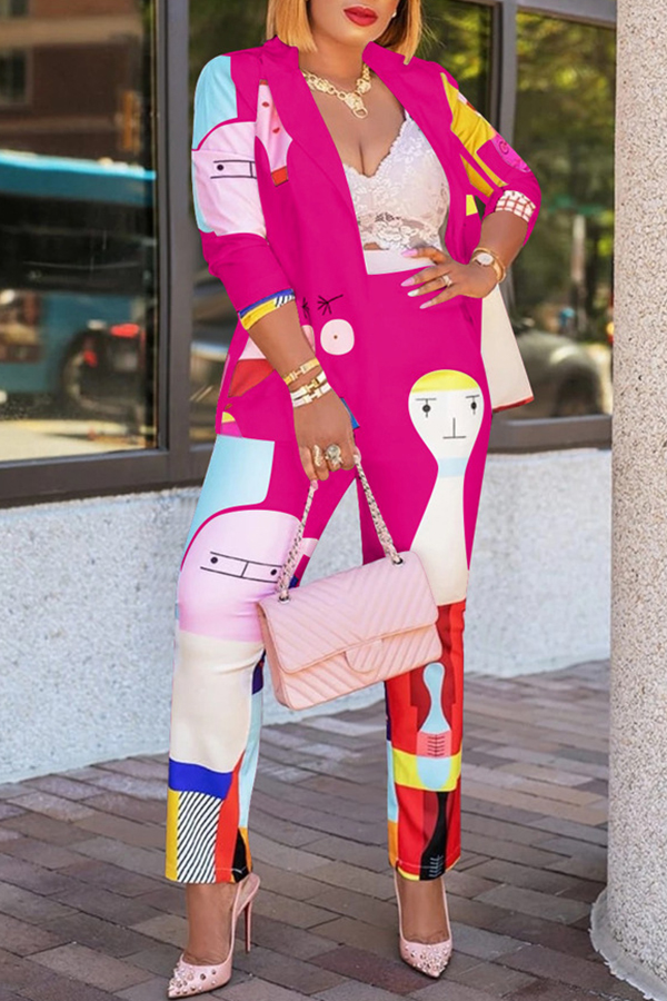 

Lovely Sweet Turn-back Collar Printed Rose Red Two-piece Pants Set