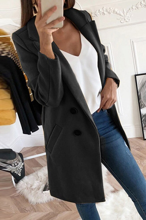 Lovely Casual Basic Buttons Design Black Coat