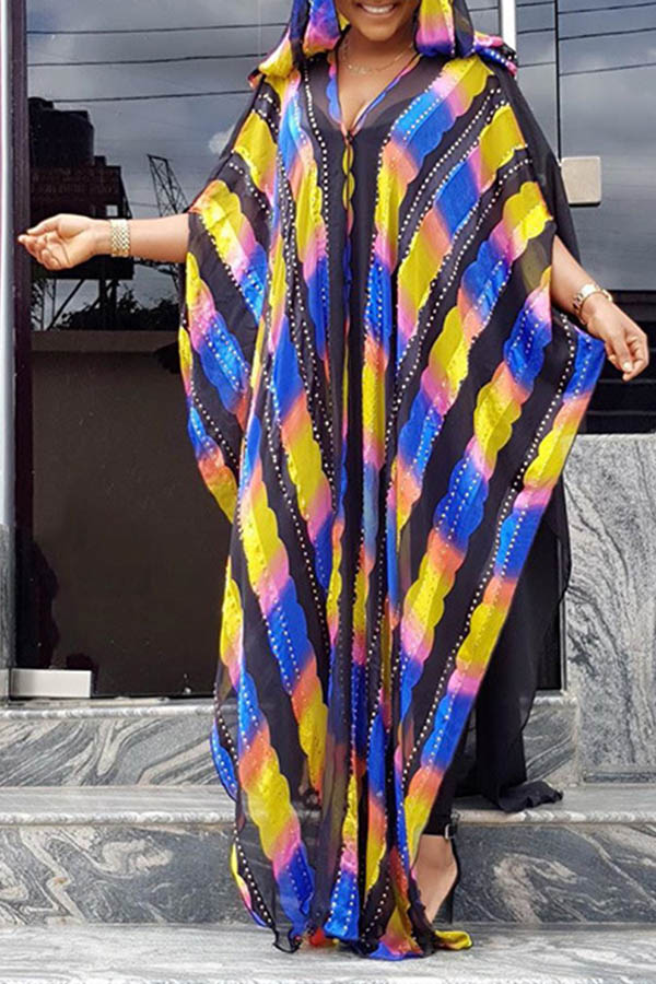

Lovely Casual Hooded Collar Multicolor Floor Length Plus Size Dress, Multi