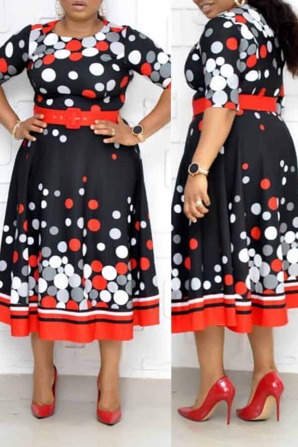 

Lovely Leisure Dot Printed Red Mid Calf Plus Size Dress