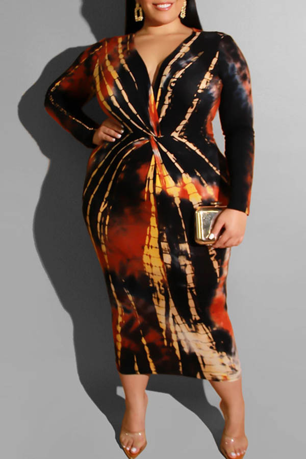 

Lovely Casual Printed Red Mid Calf Plus Size Dress