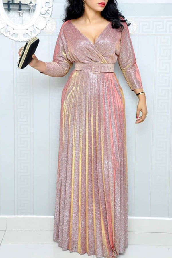 

Lovely Trendy V Neck Ruffle Design Pink Floor Length Dress