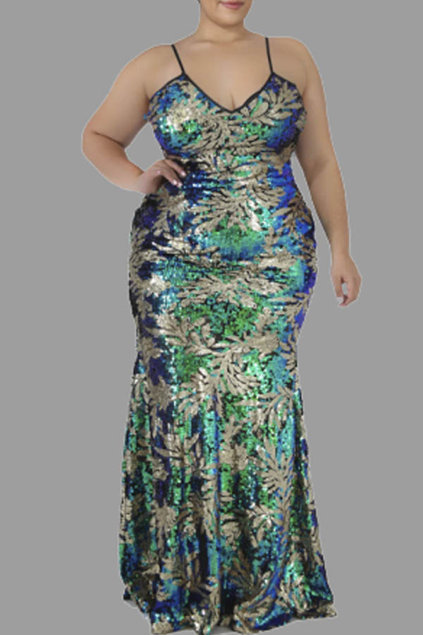 Lovely Casual Sequined Design Green Floor Length Plus Size Dress