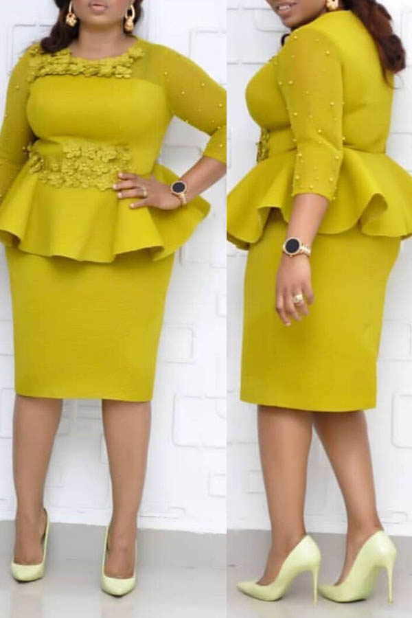 

Lovely Temperament Patchwork Yellow Knee Length Plus Size Dress