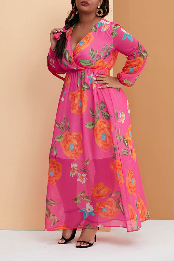 

Lovely Casual V Neck Printed Rose Red Floor Length Plus Size Dress