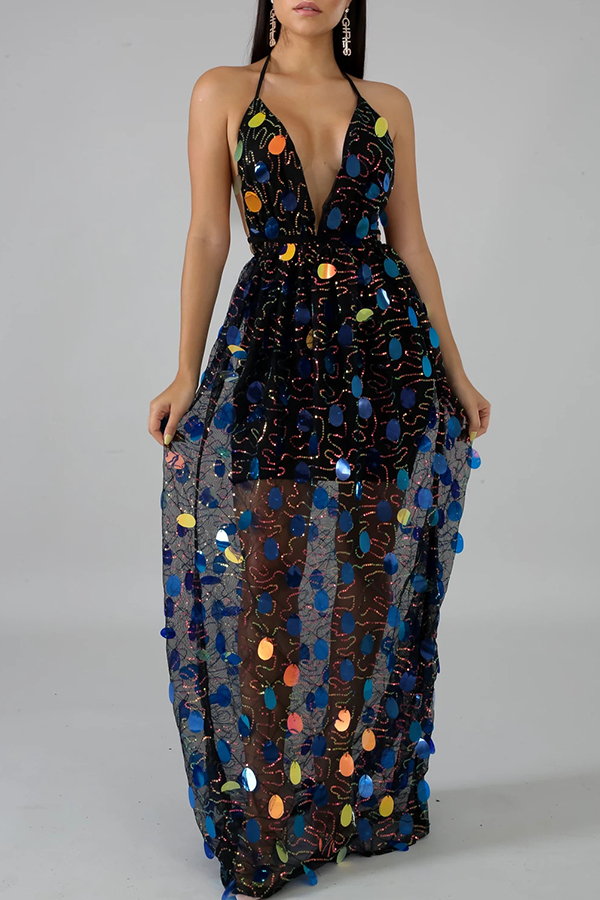 

Lovely Casual Deep V Neck Bandage Design Black Floor Length Dress