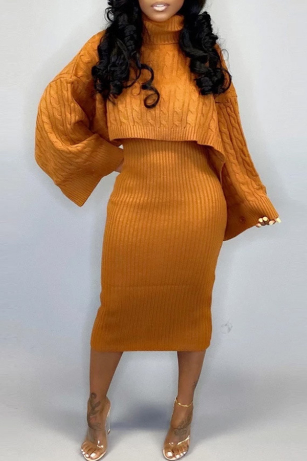 Lovely Casual Turtleneck Yellow Two-piece Skirt Set