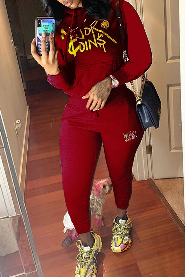 

Lovely Casual Letter Printed Purplish Red Two-piece Pants Set