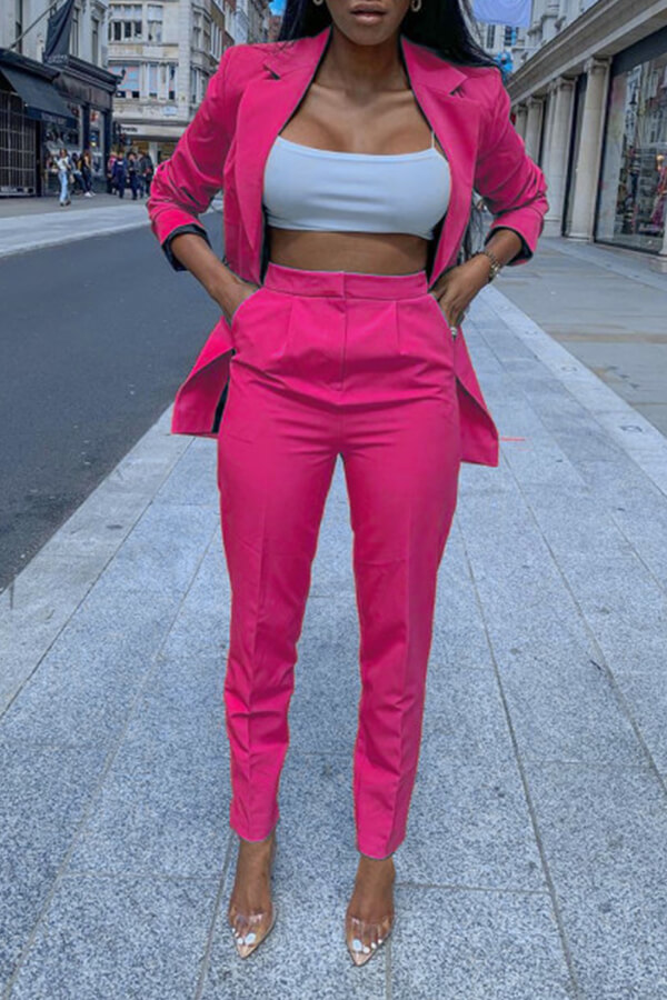

Lovely Trendy Turndown Collar Rose Red Two-piece Pants Set