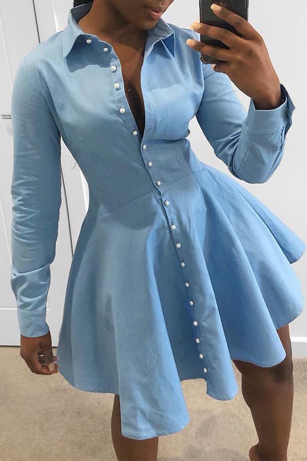 

Lovely Trendy Buttons Design Baby Blue Mini Dress