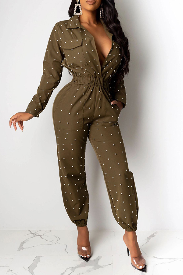 

Lovely Work Nail Bead Design Army Green One-piece Jumpsuit
