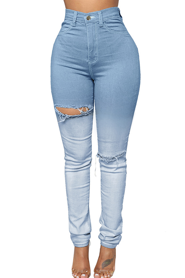 

Lovely Casual Broken Holes Skinny Baby Blue Jeans