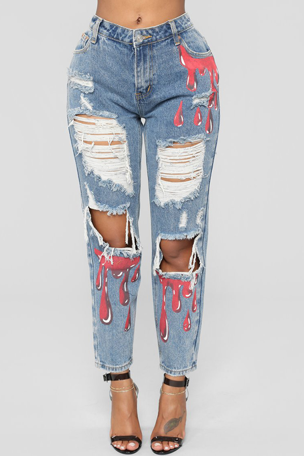 Cheap Jeans Lovely Trendy Hollow-out Printed Sky Blue Jeans