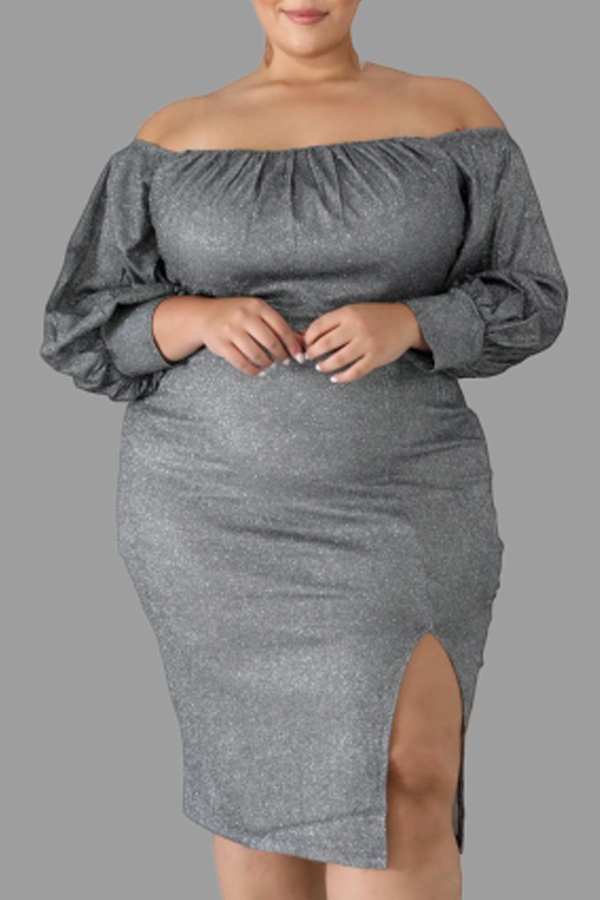 

Lovely Casual Slit Grey Knee Length Plus Size Dress