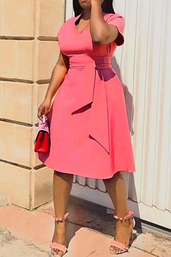 

Lovely Casual V Neck Asymmetrical Pink Knee Length Plus Size Dress