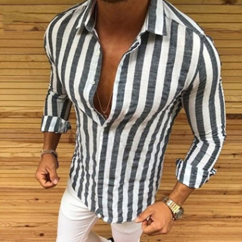 

Lovely Trendy Turndown Collar Striped Grey Shirt