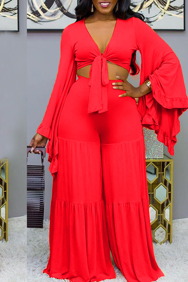 

Lovely Casual Loose Red Two-piece Pants Set