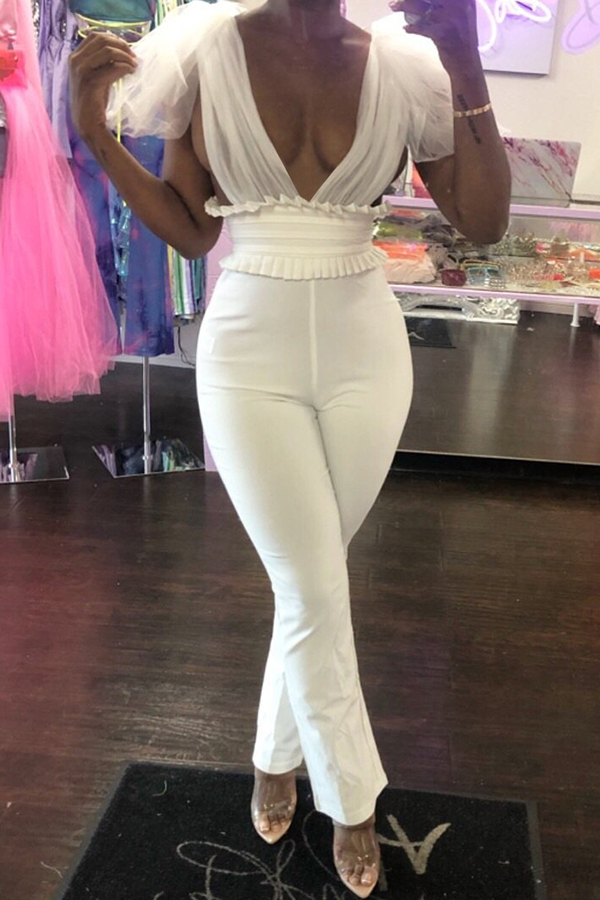 

Lovely Sexy Deep V Neck White One-piece Jumpsuit