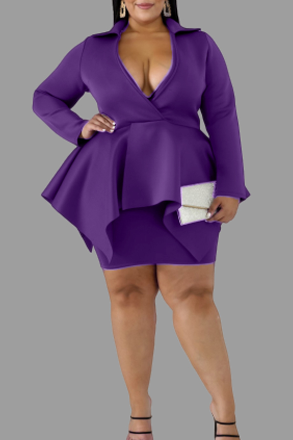 

Lovely Casual V Neck Purple Plus Size Two-piece Skirt Set