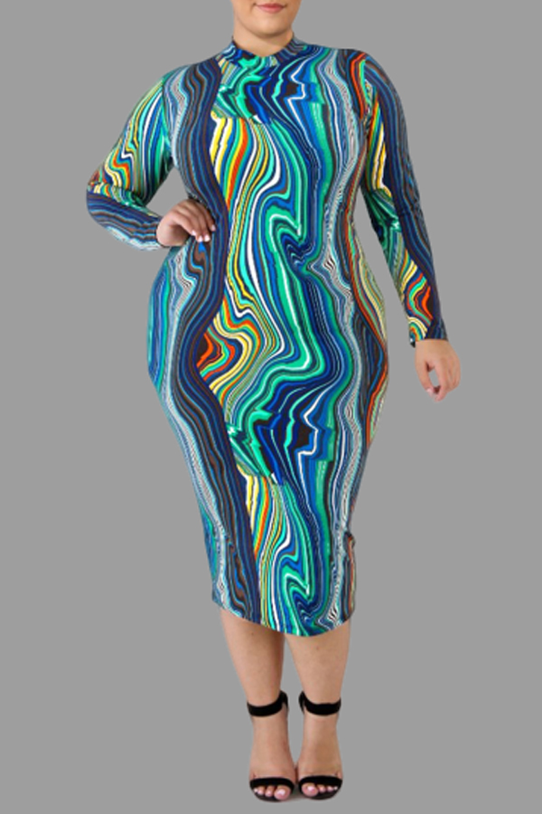 

Lovely Casual Printed Blue Knee Length Plus Size Dress