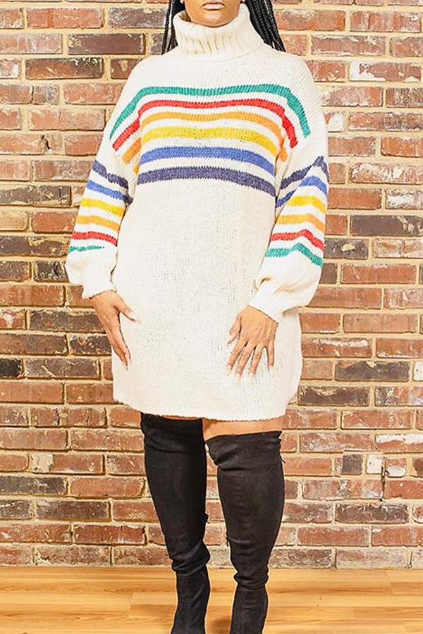 

Lovely Casual Turtleneck Striped White Mini Dress