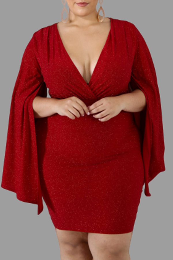 

Lovely Casual Cloak Design Red Plus Size Mini Dress