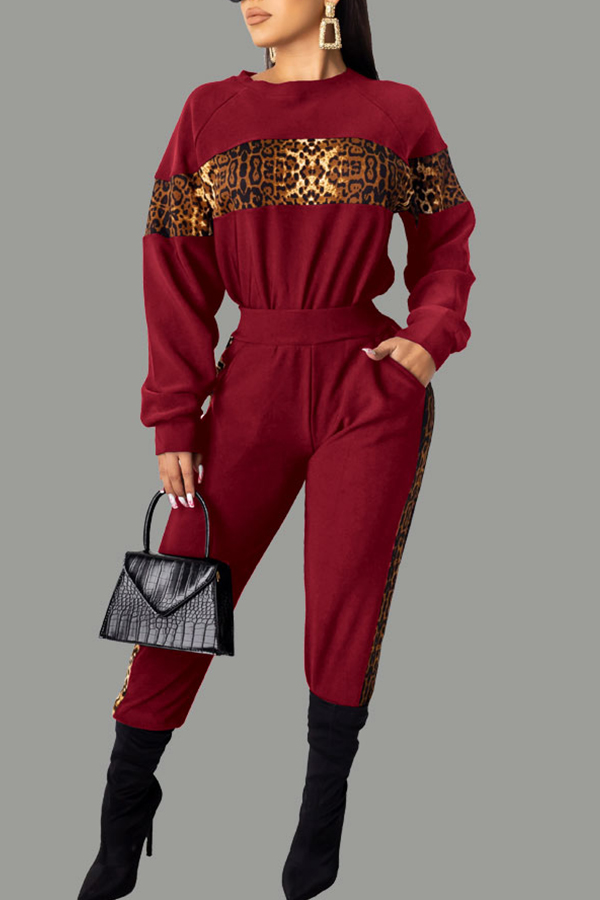 

Lovely Casual Patchwork Wine Red Two-piece Pants Set