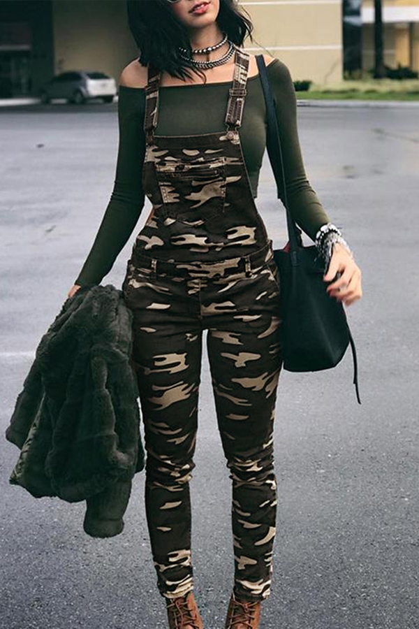 

Lovely Casual Camouflage Printed Army Green One-piece Jumpsuit, Army green camouflag