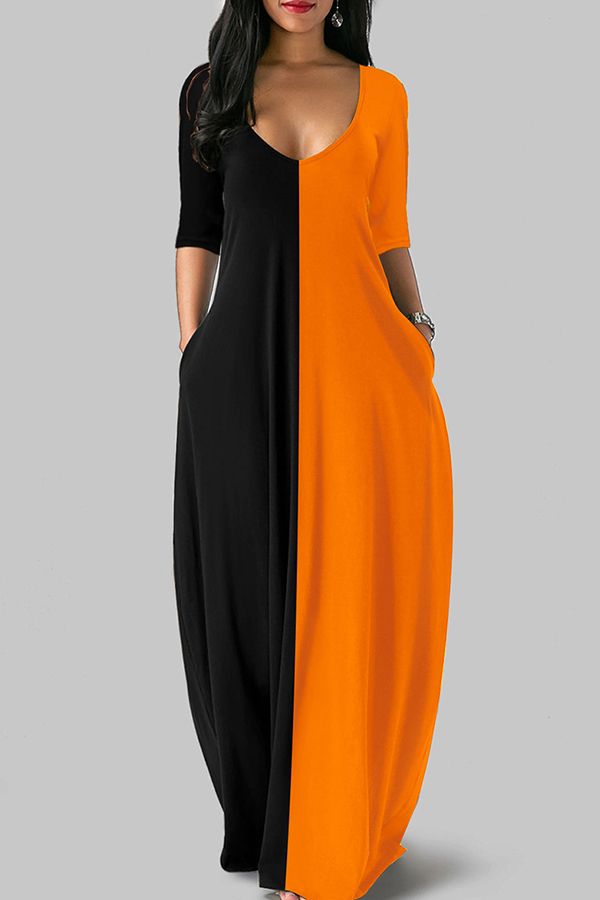 

Lovely Casual Patchwork Loose Orange Floor Length T-shirt Dress