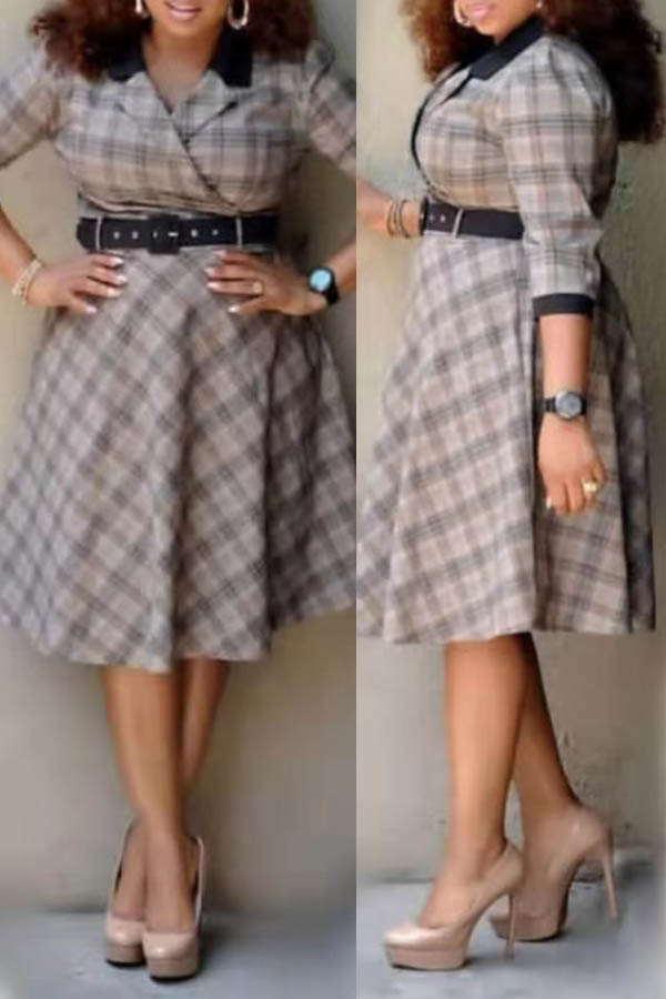 

Lovely Casual Plaid Printed Beige Knee Length Plus Size Dress