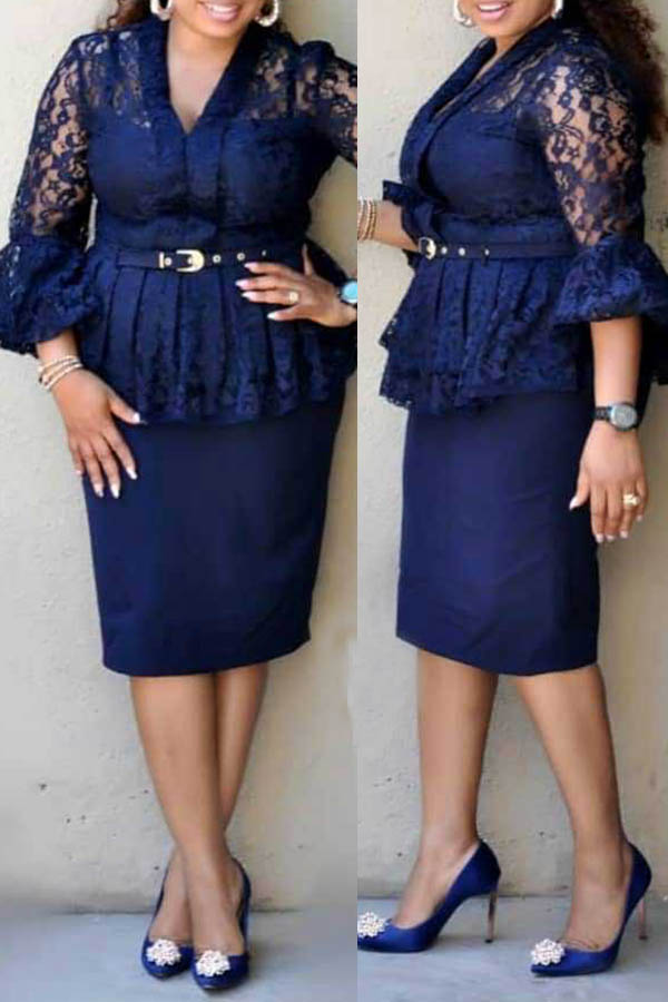

Lovely Casual Patchwork Dark Blue Knee Length Plus Size Dress